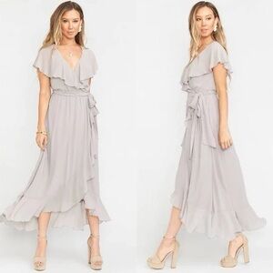 Show Me Your MuMu Jess Ruffle Midi Dove Grey VNeck Flutter Wrap Chiffon Dress